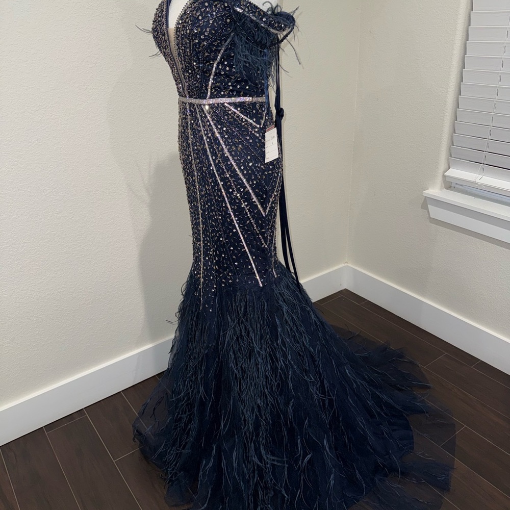 Strapless Navy Beaded Feather Mermaid Dress - Picture 4 of 4